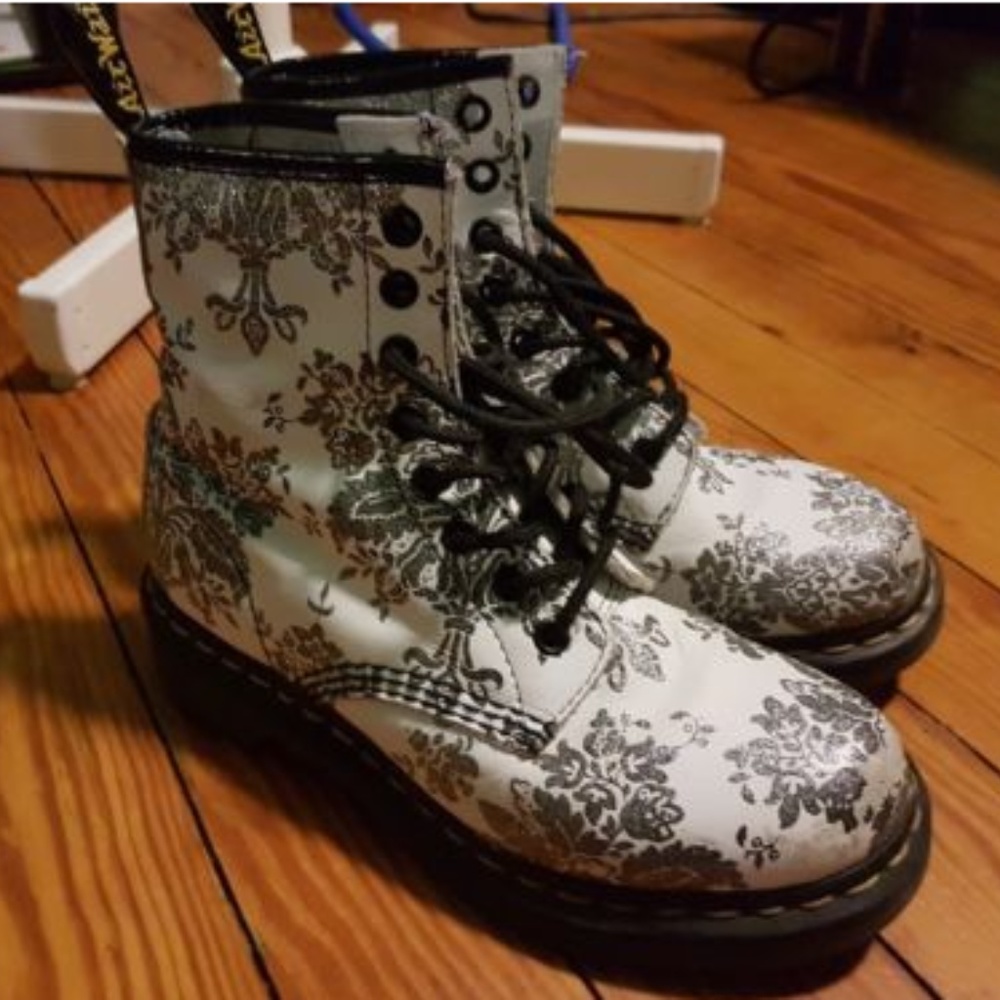 Doc Martens Floral Silver & White Glitter Boot s 6